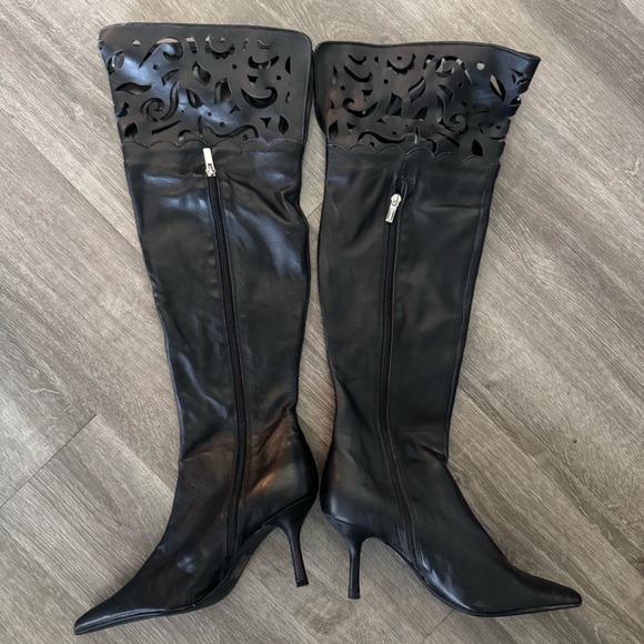 Colin Stuart Leather Over the Knee Stiletto Boots with Lace Cutout - Picture 3 of 6